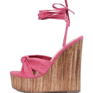 So Me Rika Pink linen Knotted Strappy Platform Wedges Womens